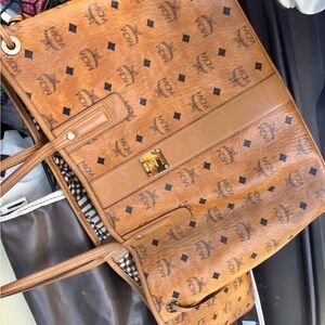 MCM Tan Leather Tote with Logo Pattern